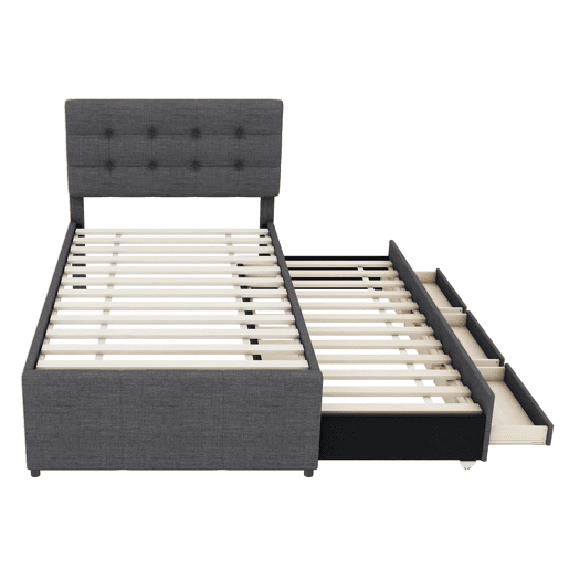 Cama estofada 90x200cm com cama de rodízio 90x190cm - em tecido de linho - com 3 gavetas e estrado de molas - Cinzento