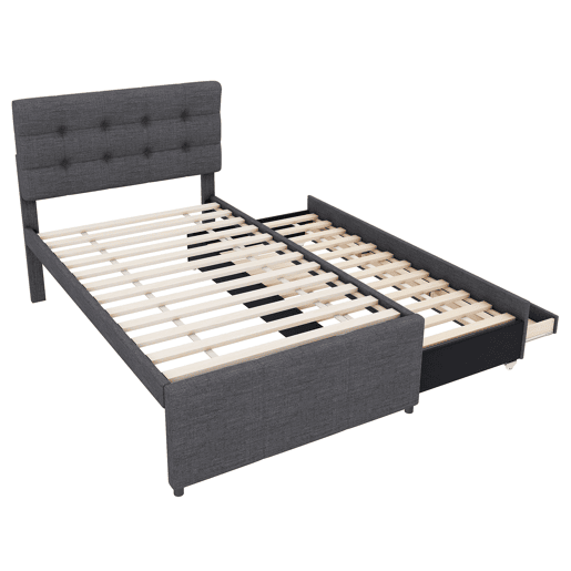 Cama estofada 90x200cm com cama de rodízio 90x190cm - em tecido de linho - com 3 gavetas e estrado de molas - Cinzento