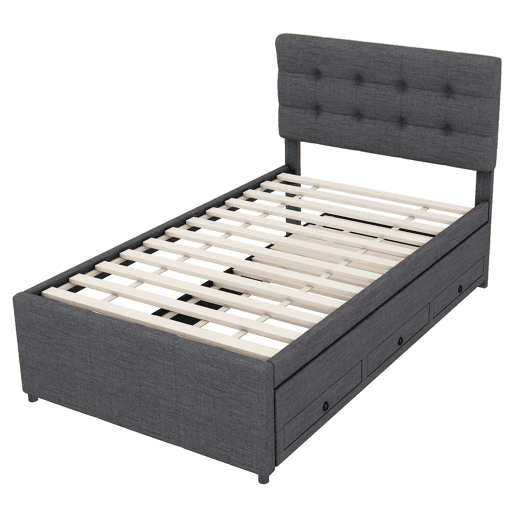 Cama estofada 90x200cm com cama de rodízio 90x190cm - em tecido de linho - com 3 gavetas e estrado de molas - Cinzento