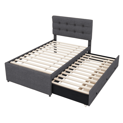 Cama estofada 90x200cm com cama de rodízio 90x190cm - em tecido de linho - com 3 gavetas e estrado de molas - Cinzento