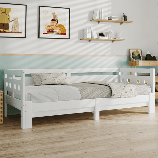 Cama de rodízio em pinho maciço - 90(180)x200cm - com estrado de molas - Branco