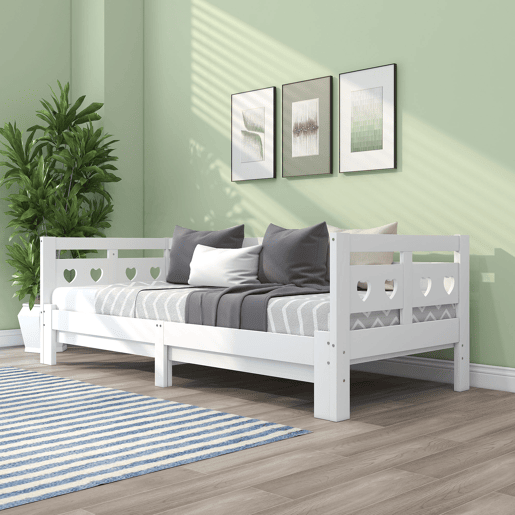 Cama de rodízio em pinho maciço - 90(180)x200cm - com estrado de molas - Branco