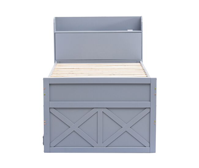 Cama nido de madera maciza - 90x190cm - con 2 cajones y puerto de carga usb en el estante - gris