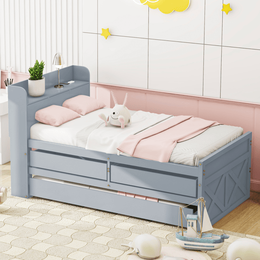 Cama de rodízio em madeira maciça - 90x190cm - com 2 gavetas e porta de carregamento USB na prateleira - Cinzento