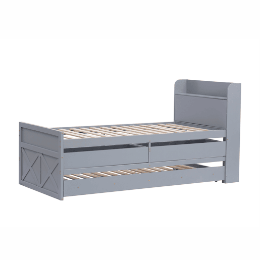 Cama de rodízio em madeira maciça - 90x190cm - com 2 gavetas e porta de carregamento USB na prateleira - Cinzento