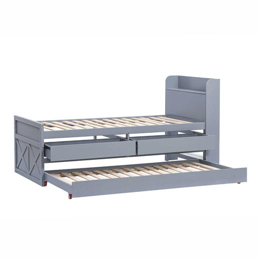 Cama de rodízio em madeira maciça - 90x190cm - com 2 gavetas e porta de carregamento USB na prateleira - Cinzento