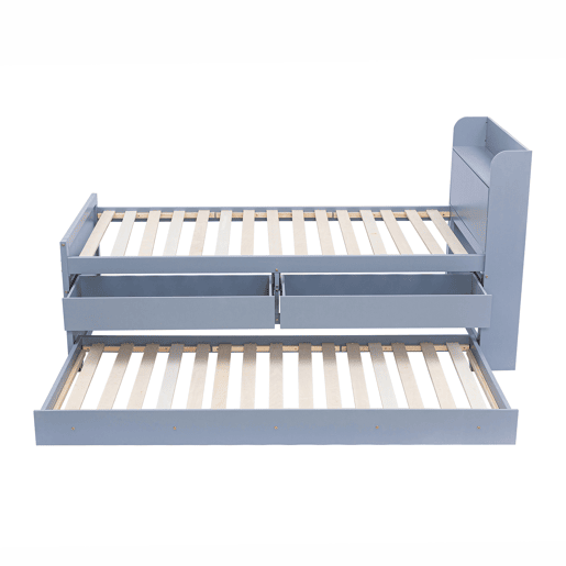 Cama de rodízio em madeira maciça - 90x190cm - com 2 gavetas e porta de carregamento USB na prateleira - Cinzento