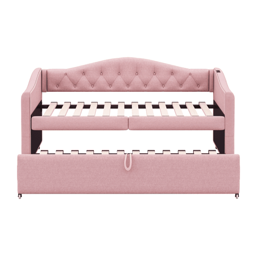 Cama com gavetão de linho 90x200 cm e 90x190 cm - com porta USB e estrado - Rosa