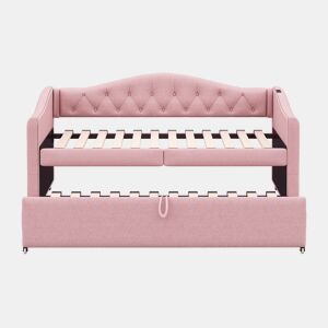 Cama com gavetão de linho 90x200 cm e 90x190 cm - com porta USB e estrado - Rosa