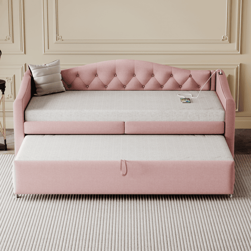 Cama com gavetão de linho 90x200 cm e 90x190 cm - com porta USB e estrado - Rosa