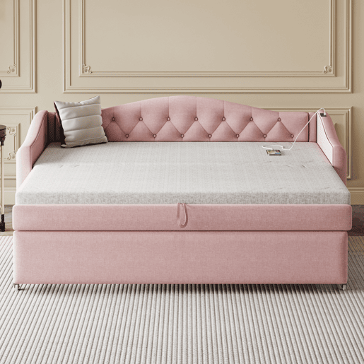 Cama com gavetão de linho 90x200 cm e 90x190 cm - com porta USB e estrado - Rosa