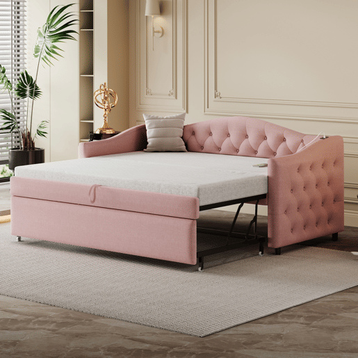 Cama com gavetão de linho 90x200 cm e 90x190 cm - com porta USB e estrado - Rosa