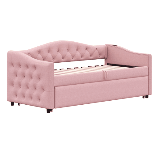 Cama com gavetão de linho 90x200 cm e 90x190 cm - com porta USB e estrado - Rosa