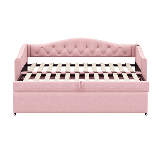 Cama com gavetão de linho 90x200 cm e 90x190 cm - com porta USB e estrado - Rosa