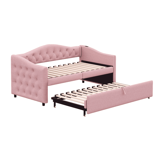 Cama com gavetão de linho 90x200 cm e 90x190 cm - com porta USB e estrado - Rosa