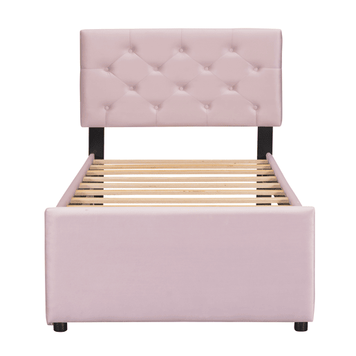 Cama individual 90x200cm em veludo - com cama de rodízio - com estrado de ripas - Rosa (colchão não incluído)