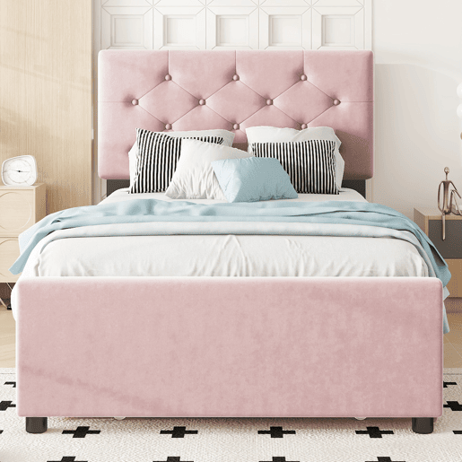 Cama individual 90x200cm em veludo - com cama de rodízio - com estrado de ripas - Rosa (colchão não incluído)