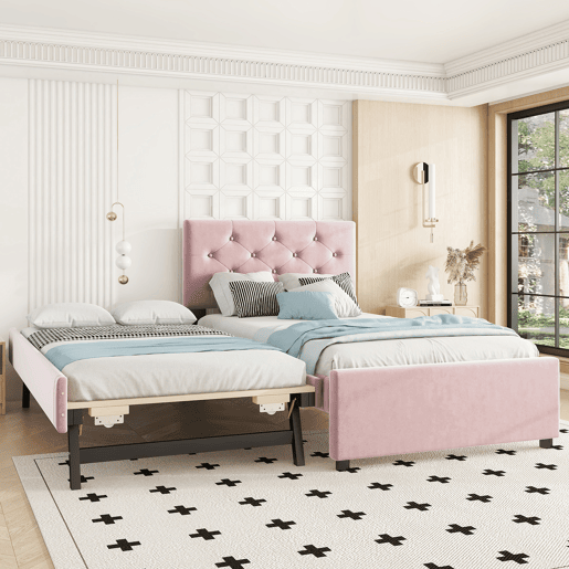 Cama individual 90x200cm em veludo - com cama de rodízio - com estrado de ripas - Rosa (colchão não incluído)
