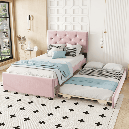 Cama individual 90x200cm em veludo - com cama de rodízio - com estrado de ripas - Rosa (colchão não incluído)