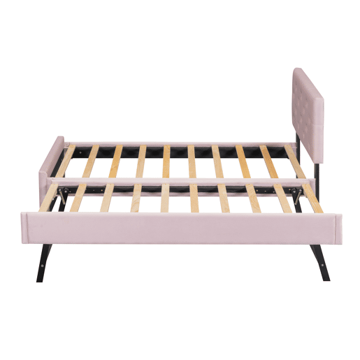 Cama individual 90x200cm em veludo - com cama de rodízio - com estrado de ripas - Rosa (colchão não incluído)