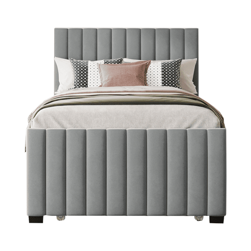 Cama estofada 90x190cm em veludo - com cama com gavetão 90x190cm - Cinzento