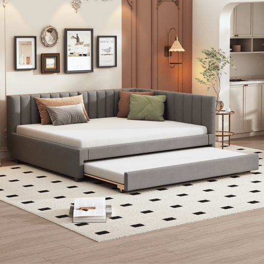 Divã estofado 140x200 cm - com cama com gavetão 90x190cm - tecido de veludo - Cinzento