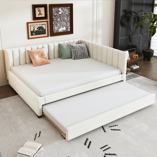 Divã estofado 140x200 cm - com cama com gavetão 90x190cm - tecido de veludo - Bege