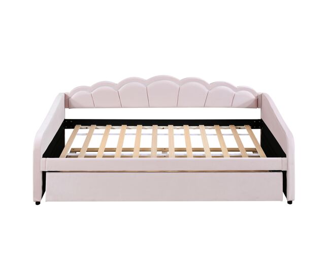Diván cama con led 90x200cm + cama nido 90x190cm - tapizado en tela terciopelo - rosa (colchón no incluido)