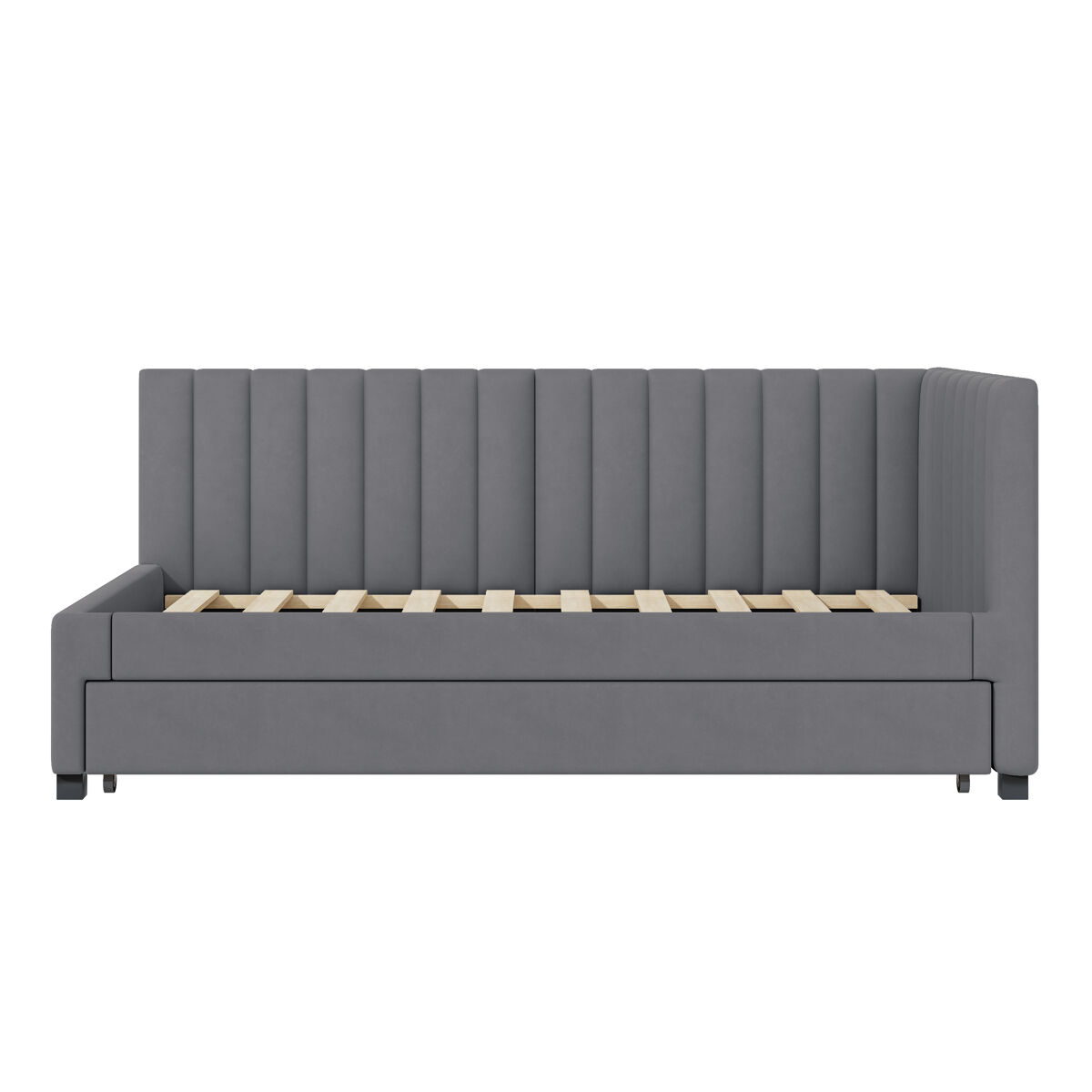 Cama individual 90x200 cm con cama nido - tapizada en terciopelo con somier de láminas - gris