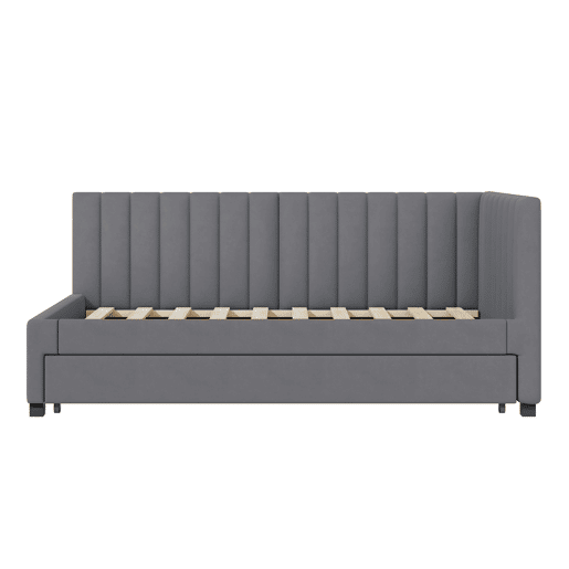Cama individual 90x200 cm com cama com gavetão - estofada em veludo com estrado de ripas - Cinzento