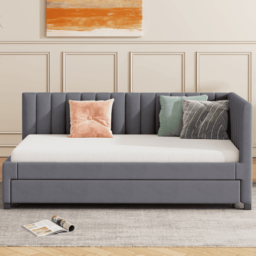 Cama individual 90x200 cm com cama com gavetão - estofada em veludo com estrado de ripas - Cinzento