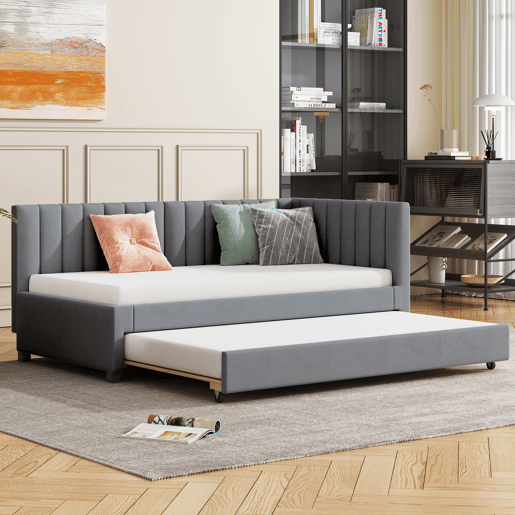 Cama individual 90x200 cm com cama com gavetão - estofada em veludo com estrado de ripas - Cinzento