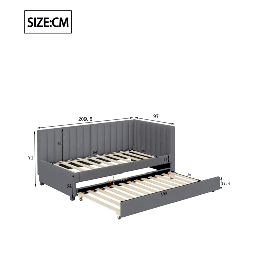 Cama individual 90x200 cm com cama com gavetão - estofada em veludo com estrado de ripas - Cinzento