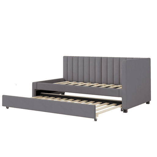 Cama individual 90x200 cm com cama com gavetão - estofada em veludo com estrado de ripas - Cinzento