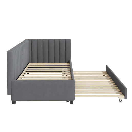 Cama individual 90x200 cm com cama com gavetão - estofada em veludo com estrado de ripas - Cinzento