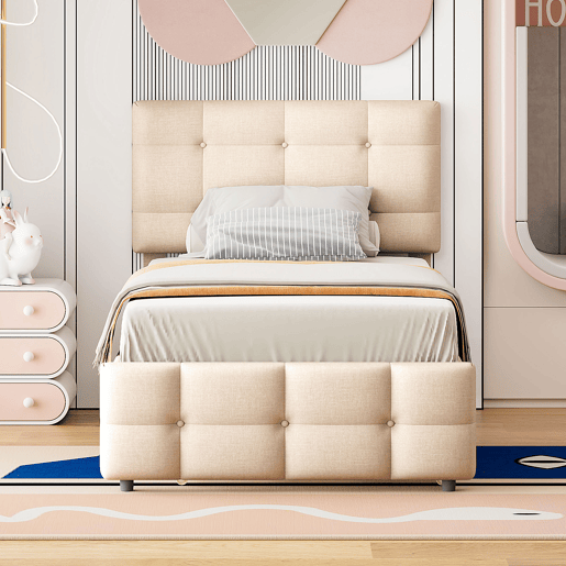 Cama com gavetão 90x200cm - cabeceira regulável - tecido de linho - Bege