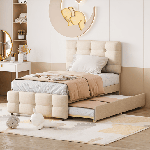 Cama com gavetão 90x200cm - cabeceira regulável - tecido de linho - Bege