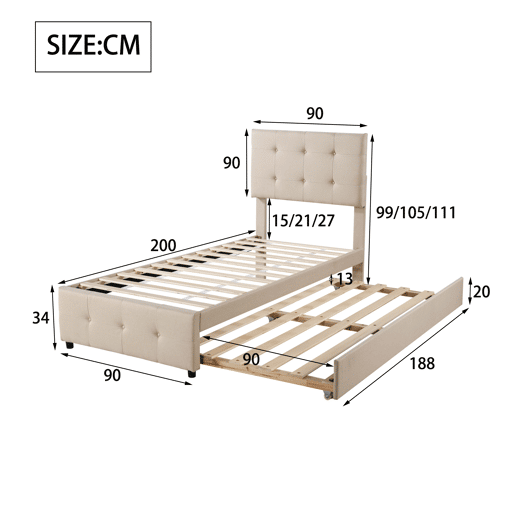 Cama com gavetão 90x200cm - cabeceira regulável - tecido de linho - Bege