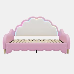 Cama de criança amovível em imitação de pele - 140x200cm - com LED e controlo remoto - Rosa (colchão não incluído)