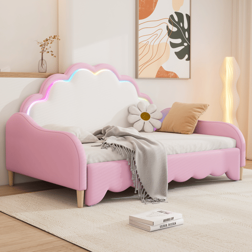 Cama de criança amovível em imitação de pele - 140x200cm - com LED e controlo remoto - Rosa (colchão não incluído)