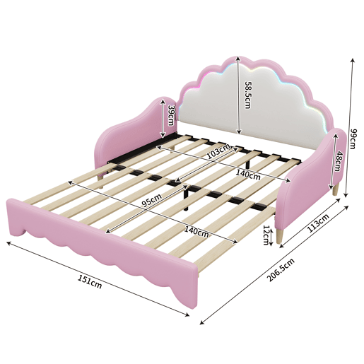 Cama de criança amovível em imitação de pele - 140x200cm - com LED e controlo remoto - Rosa (colchão não incluído)