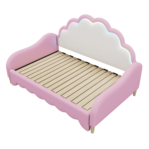 Cama de criança amovível em imitação de pele - 140x200cm - com LED e controlo remoto - Rosa (colchão não incluído)