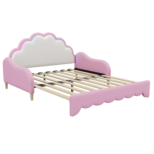 Cama de criança amovível em imitação de pele - 140x200cm - com LED e controlo remoto - Rosa (colchão não incluído)