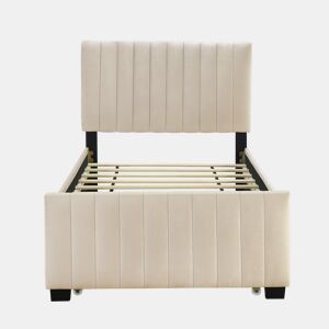 Cama estofada 90x190cm em veludo - com cama com gavetão 90x190cm - Bege