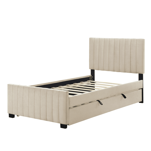 Cama estofada 90x190cm em veludo - com cama com gavetão 90x190cm - Bege