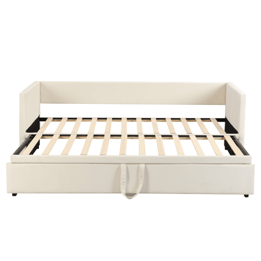 Cama de rodízio de veludo com estrado de ripas - 90180x200cm - Bege