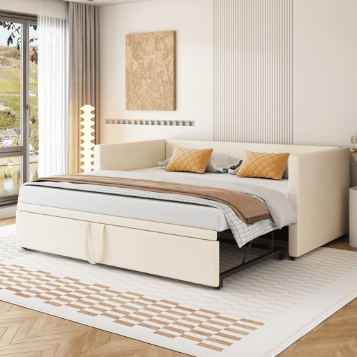 Cama de rodízio de veludo com estrado de ripas - 90180x200cm - Bege