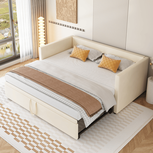 Cama de rodízio de veludo com estrado de ripas - 90180x200cm - Bege