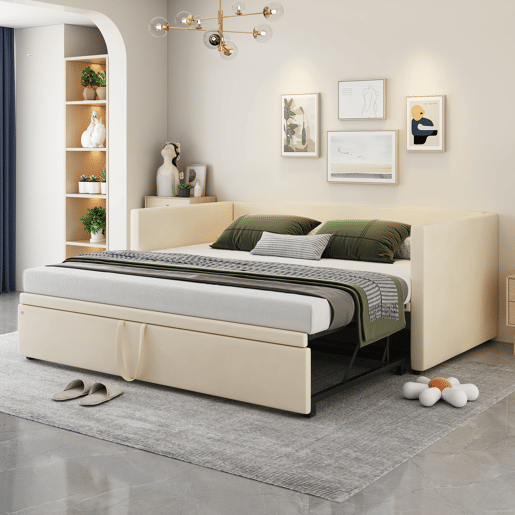 Cama de rodízio de veludo com estrado de ripas - 90180x200cm - Bege