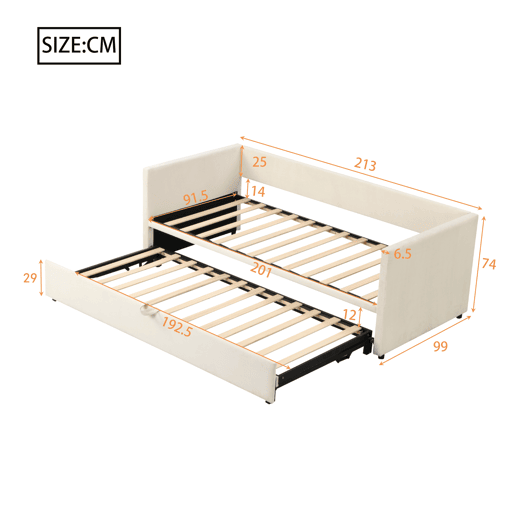 Cama de rodízio de veludo com estrado de ripas - 90180x200cm - Bege
